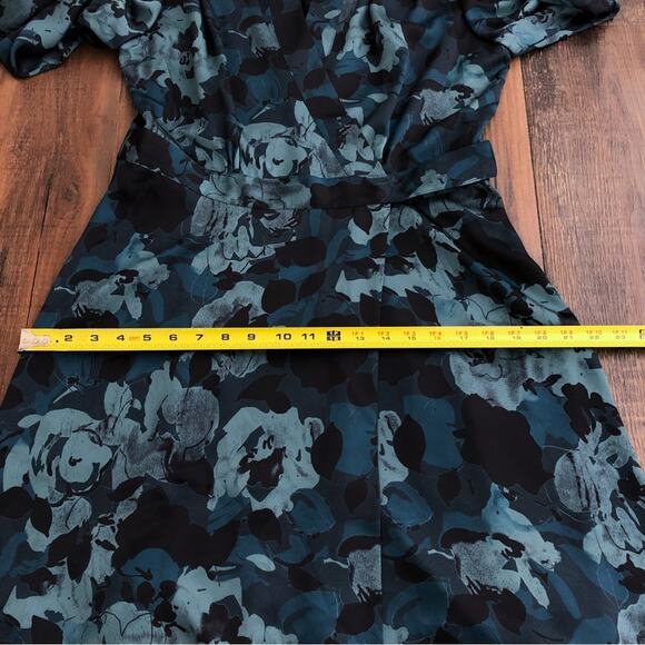 Equipment Floral Wrap Effect Dress V Neck Long Bishop Sleeves Size 10 Green Blue - Picture 14 of 16